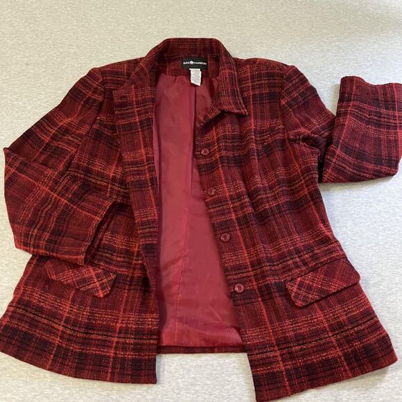 Vintage Boucle Tweed Blazer Womens 16 Red Black Plaid Button Jacket Academia - Picture 1 of 16